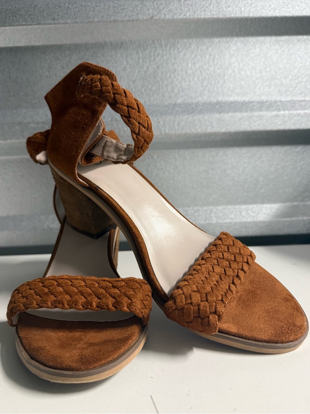 Cato Rustic Brown Braided Design Block Heel Sandals Ankle strap